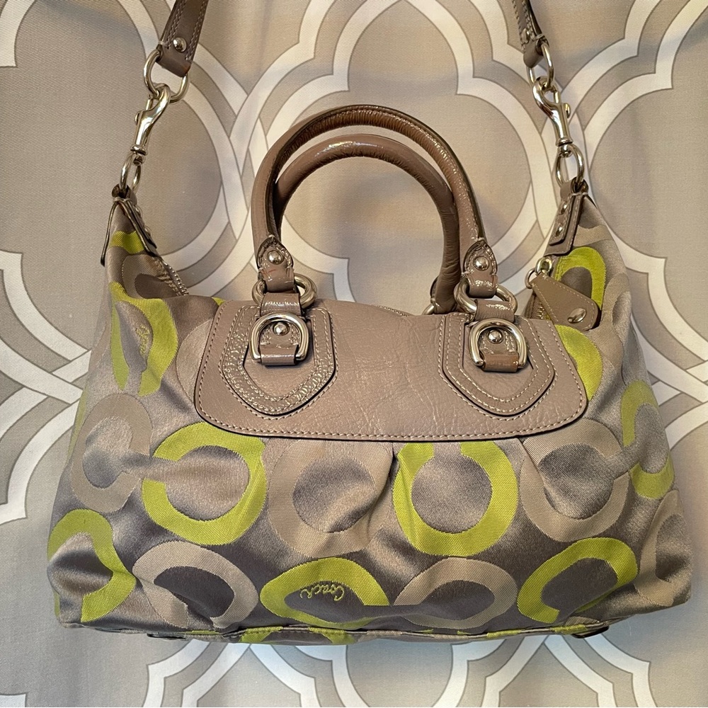 COACH Sabrina OP Art Lime Green
Gray Sateen Leather Satchel EUC
